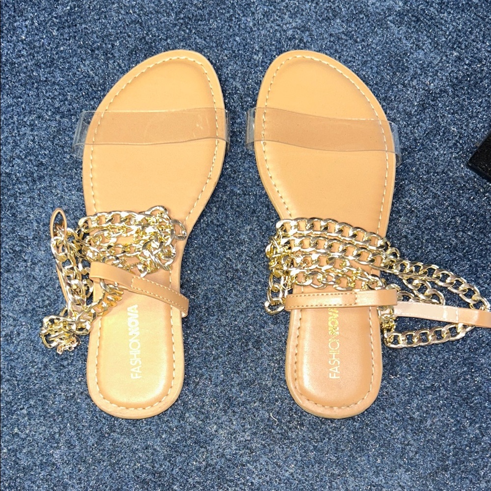 Fashion Nova Tan Sandals with Gold Chain Wrap